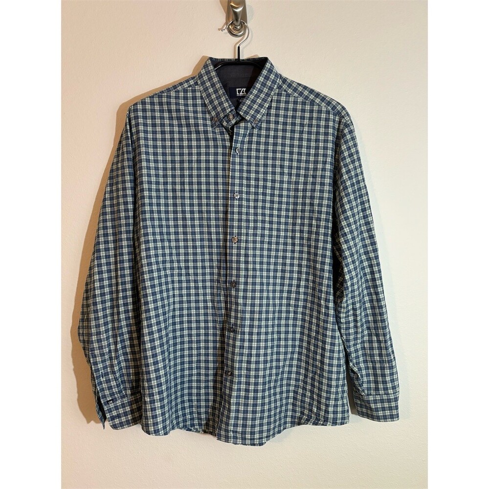Cutter & Buck Shirt Mens M Blue Green Plaid Button-Down Long Sleeve